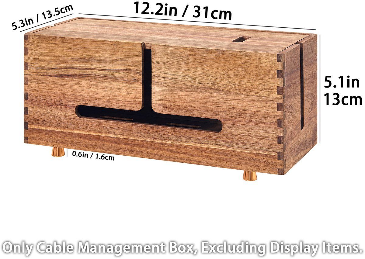 Cable Organizer Box Wooden Cable Management Box with Metal Feet for Desk and Office Acacia Wood Wood Color, 31 x 13.5 x 13 cm