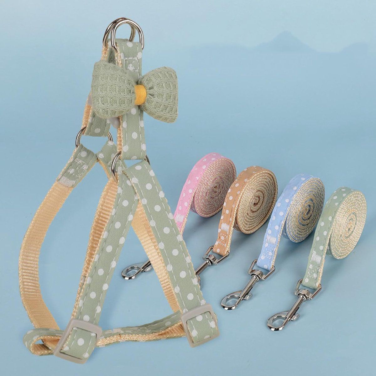 Polka Dot Dog Harness with Leash, Cute Bow Anti Pull Adjustable Pet Vest Harness for Puppies and Kittens