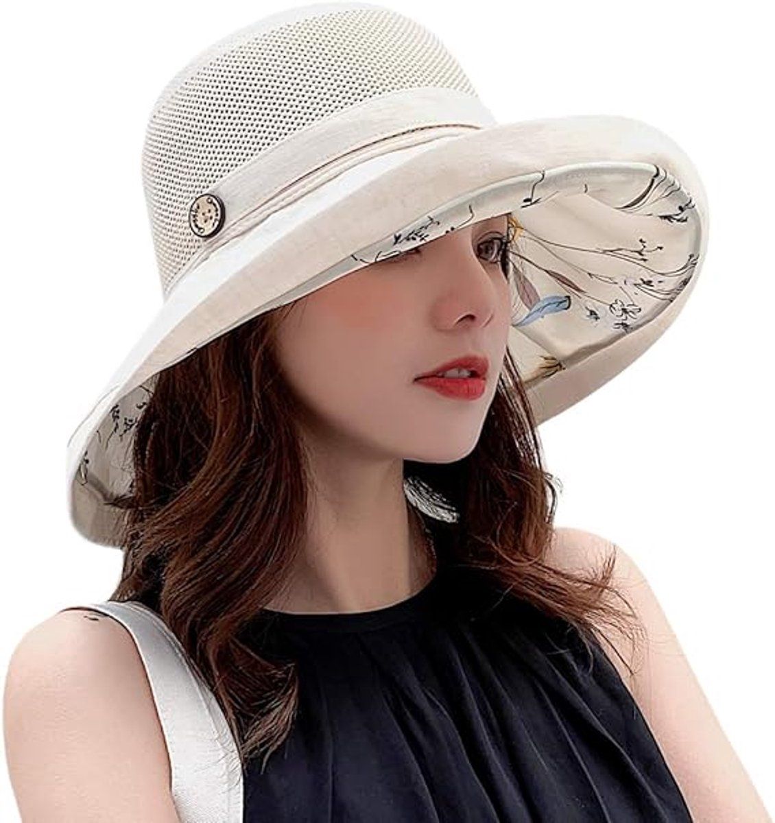 UPF 50+ Sun Hat for Women with Mesh Ventilation, Wide Brim, Adjustable Chin Strap, Foldable Summer Beach Hat for Hiking and Gardening, Beige