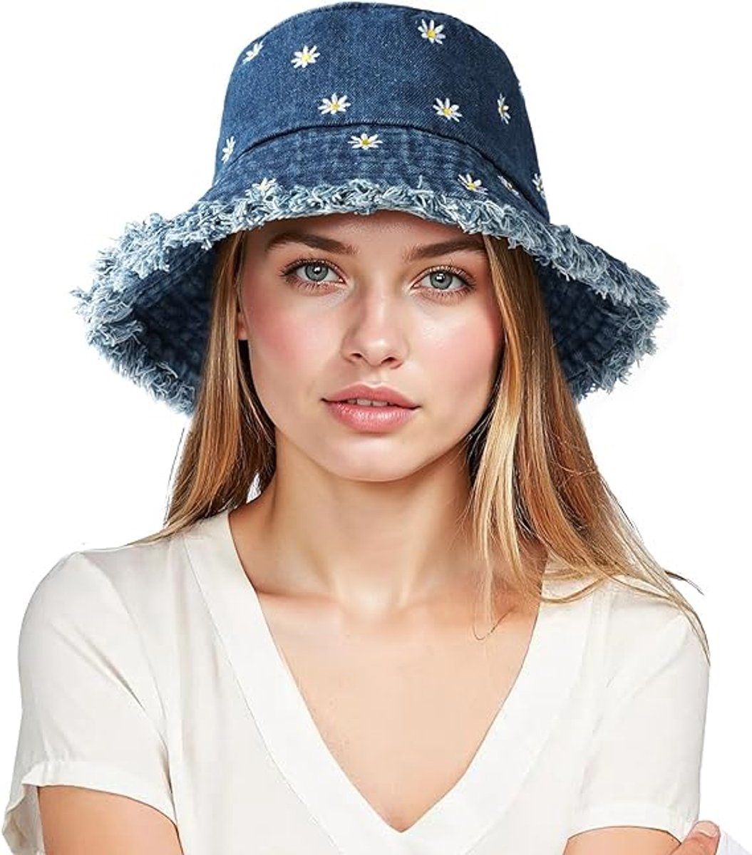 UPF 50+ Denim Bucket Hat for Women, Foldable Breathable Cotton Sun Hat with Daisy Embroidery, Retro Beach Hat, Blue