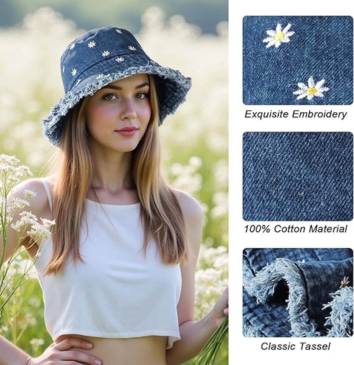 UPF 50+ Denim Bucket Hat for Women, Foldable Breathable Cotton Sun Hat with Daisy Embroidery, Retro Beach Hat, Blue