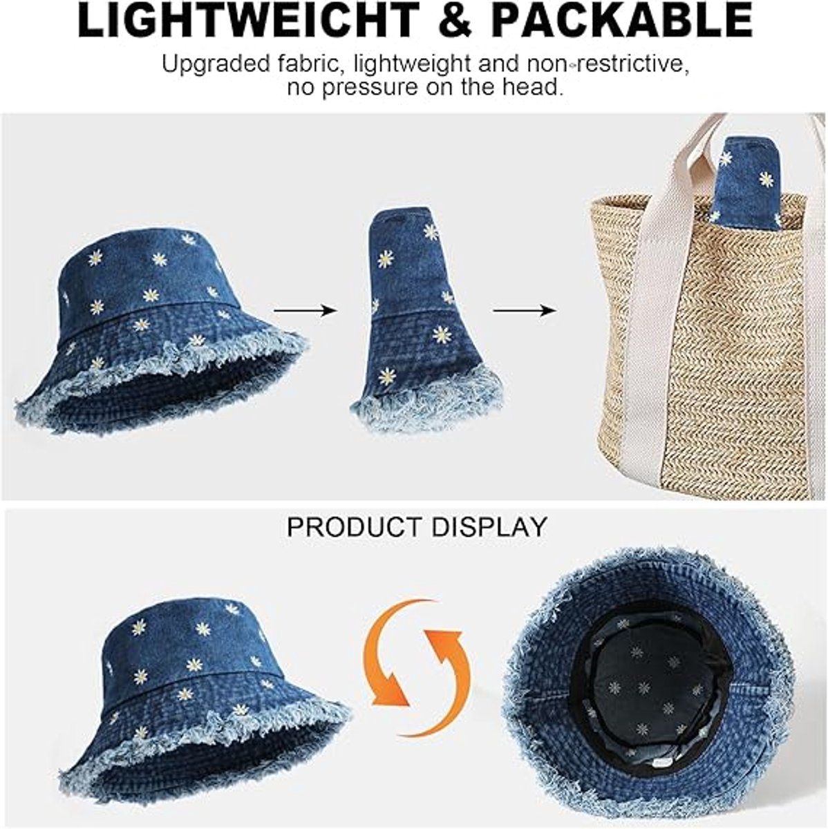 UPF 50+ Denim Bucket Hat for Women, Foldable Breathable Cotton Sun Hat with Daisy Embroidery, Retro Beach Hat, Blue