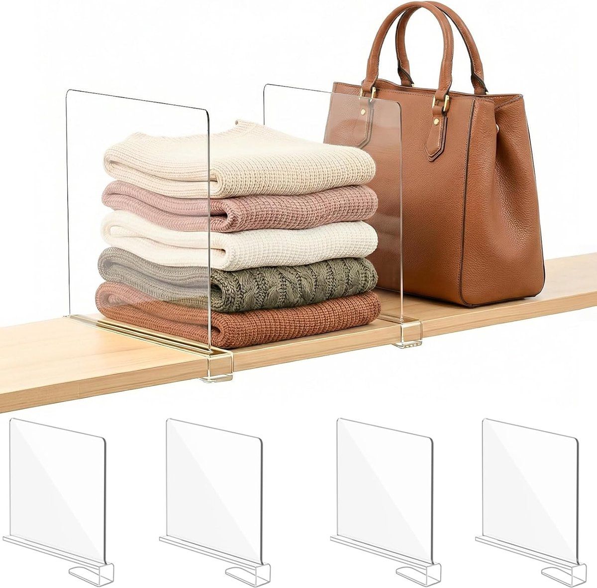 4 Pack Acrylic Shelf Dividers, Clear Closet Organizer for Clothes Sweaters Handbags Towels on Wooden Shelves, Transparent, 28x20x3cm