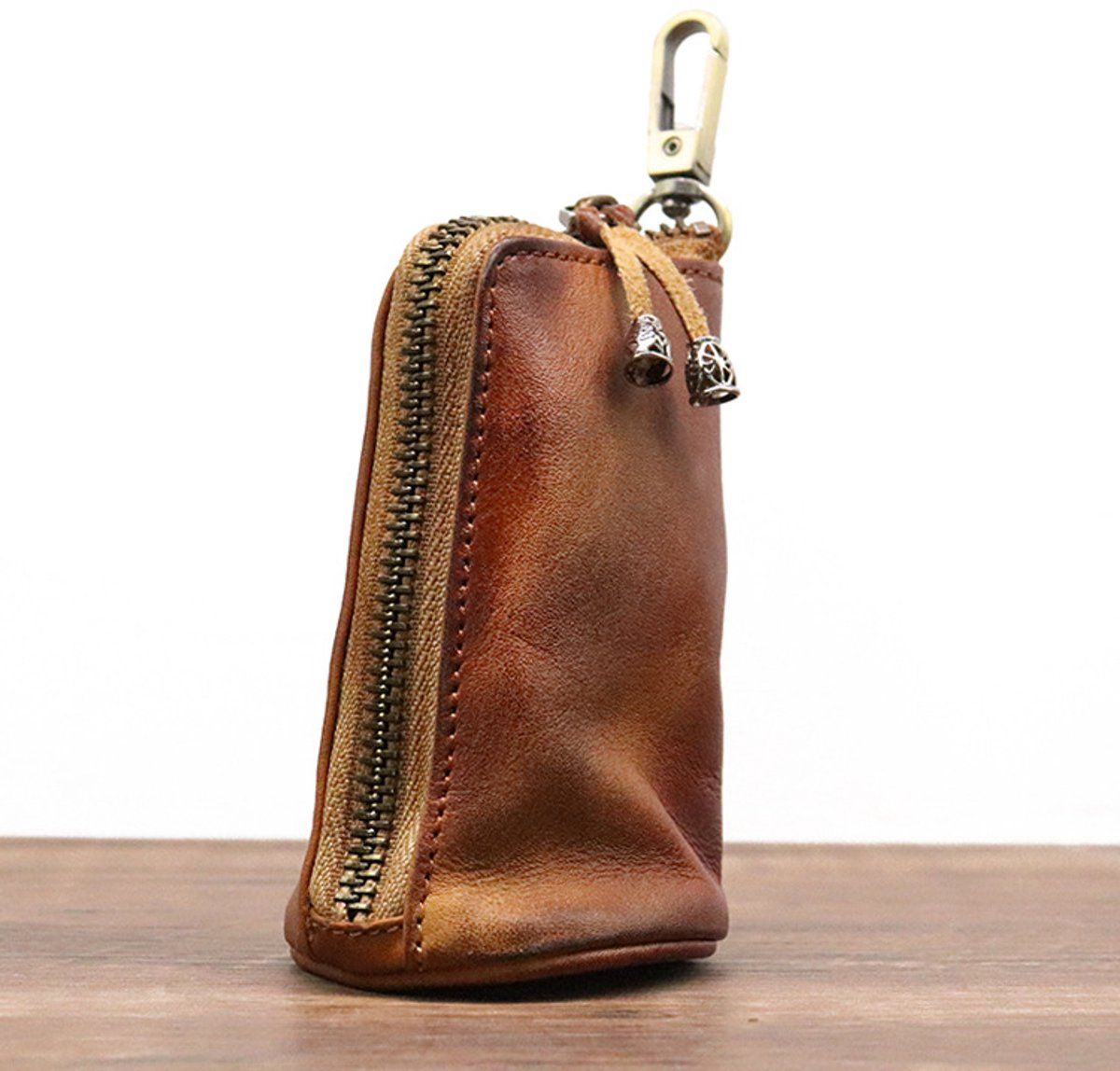 Genuine Leather Coin Purse Mini Wallet Zipper Key Pouch Compact for Keys and Coins, Brown