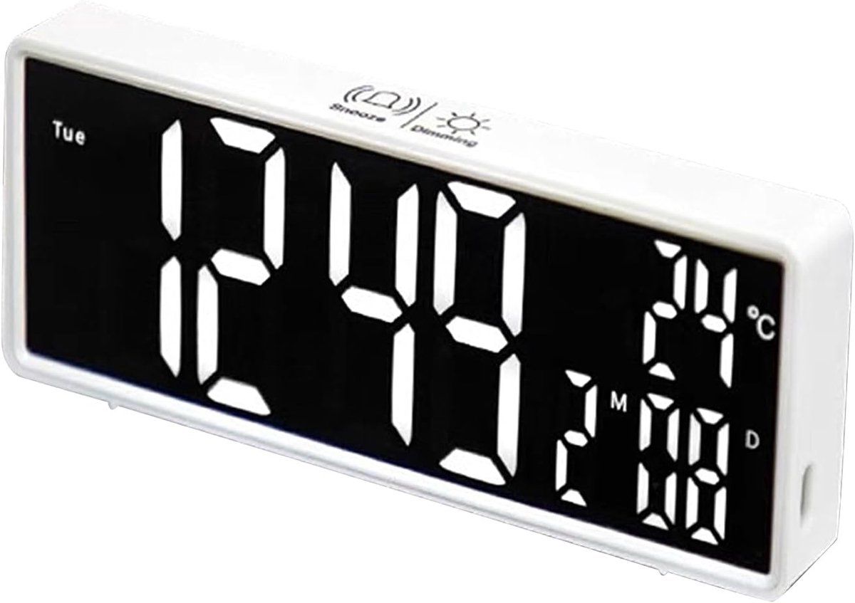 LED Digital Alarm Clock with Mirror Display, Date, Day of Week, Dimmable Night Light for Bedroom Office, White