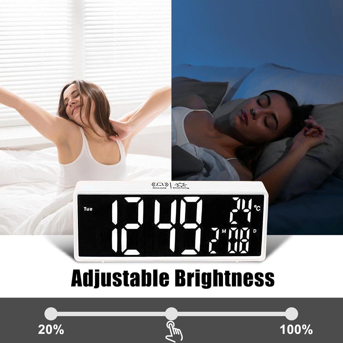 LED Digital Alarm Clock with Mirror Display, Date, Day of Week, Dimmable Night Light for Bedroom Office, White
