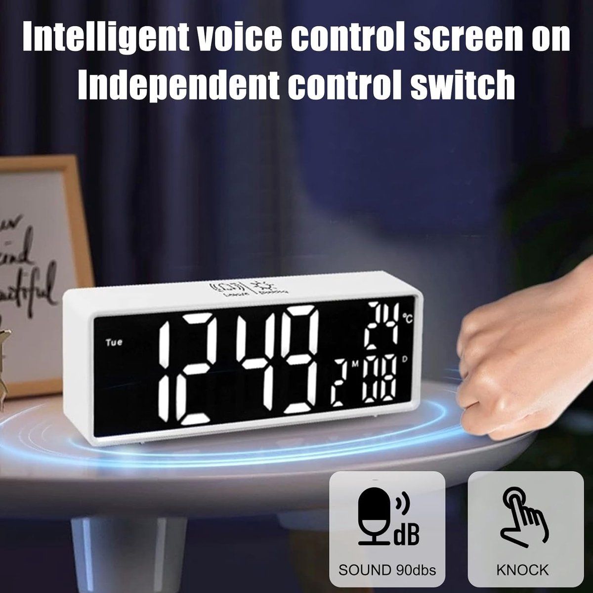 LED Digital Alarm Clock with Mirror Display, Date, Day of Week, Dimmable Night Light for Bedroom Office, White