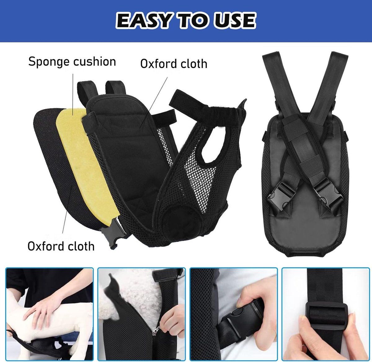 Pet Backpack Carrier, Adjustable Foldable Dog Backpack with Zipper Mesh Ventilation for Small Medium Dogs and Cats, S