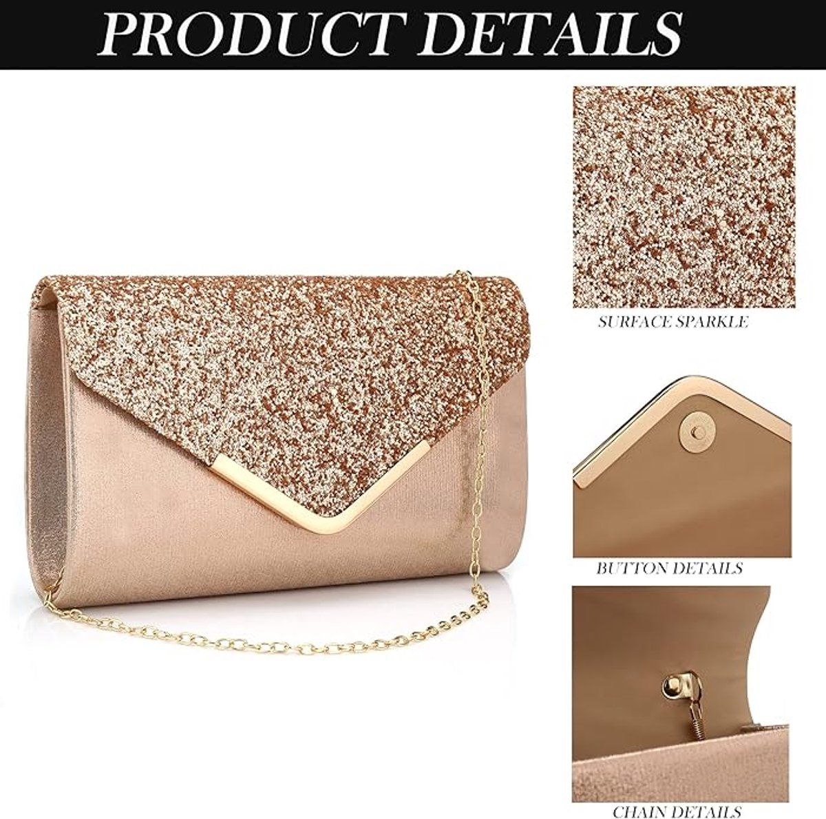 Sparkly Clutch Evening Bag with Chain for Women, Elegant Envelope Purse for Formal Occasions Wedding Party, Champagne