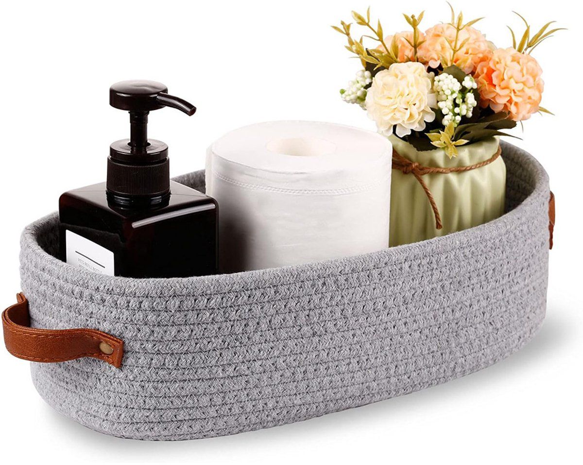 Cotton Rope Storage Basket, Woven Bathroom Organizer Basket for Toilet Paper, Home Decor, Light Gray, 33 x 15 x 10 cm
