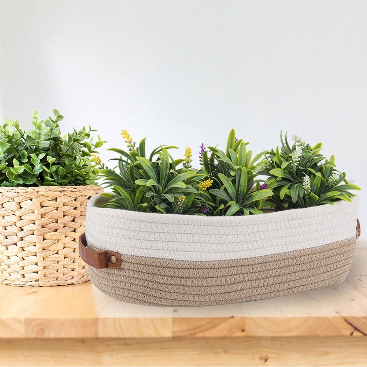 Cotton Rope Storage Basket, Woven Bathroom Organizer Basket for Toilet Paper, Home Decor, Light Gray, 33 x 15 x 10 cm