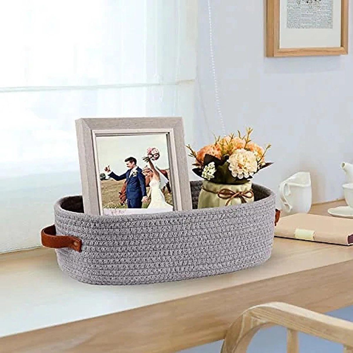 Cotton Rope Storage Basket, Woven Bathroom Organizer Basket for Toilet Paper, Home Decor, Light Gray, 33 x 15 x 10 cm