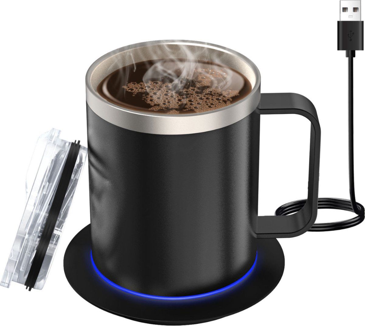 USB Heated Coffee Mug Warmer with Handle, Stainless Steel Coffee Cup with Lid for Milk, Tea and Hot Chocolate