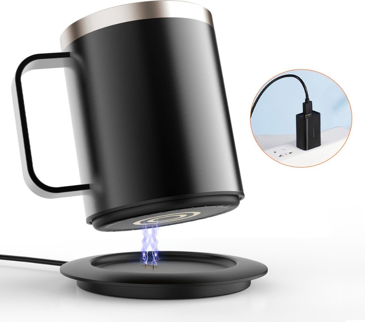 USB Heated Coffee Mug Warmer with Handle, Stainless Steel Coffee Cup with Lid for Milk, Tea and Hot Chocolate