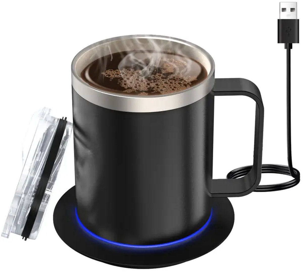 USB Heated Coffee Mug Warmer with Handle, Stainless Steel Coffee Cup with Lid for Milk, Tea and Hot Chocolate