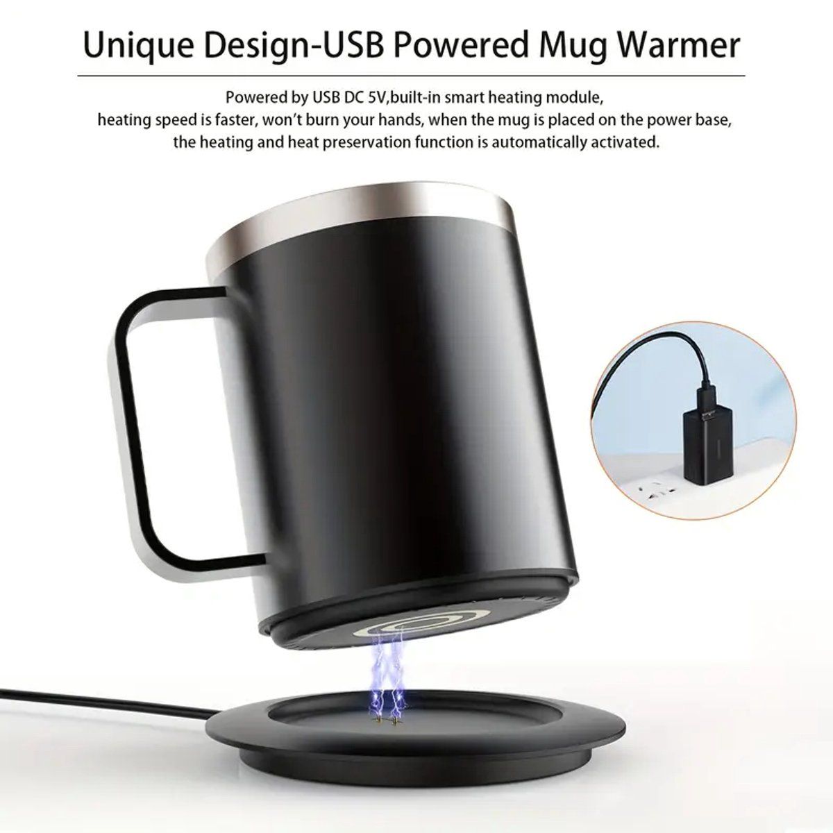 USB Heated Coffee Mug Warmer with Handle, Stainless Steel Coffee Cup with Lid for Milk, Tea and Hot Chocolate