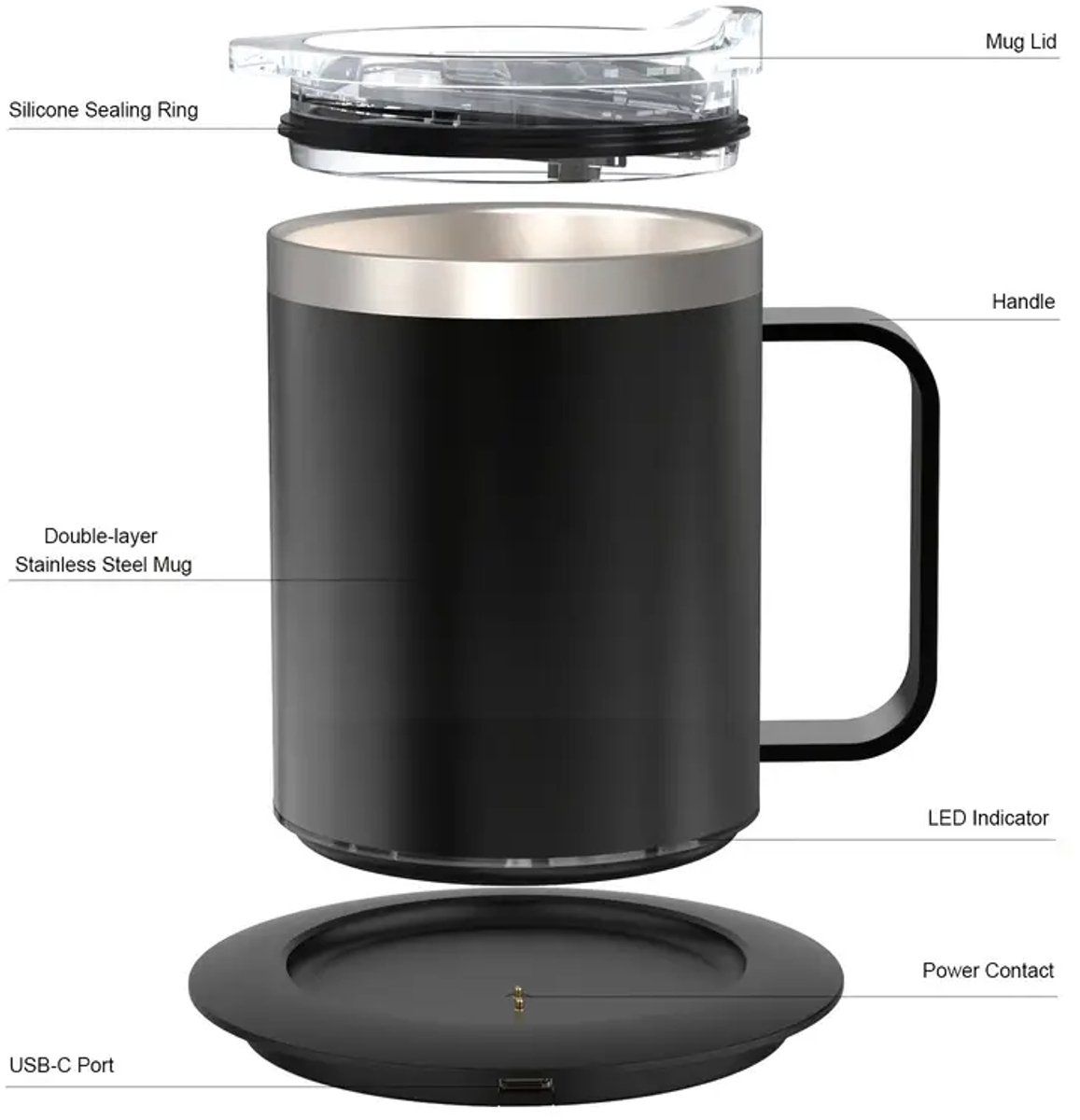 USB Heated Coffee Mug Warmer with Handle, Stainless Steel Coffee Cup with Lid for Milk, Tea and Hot Chocolate