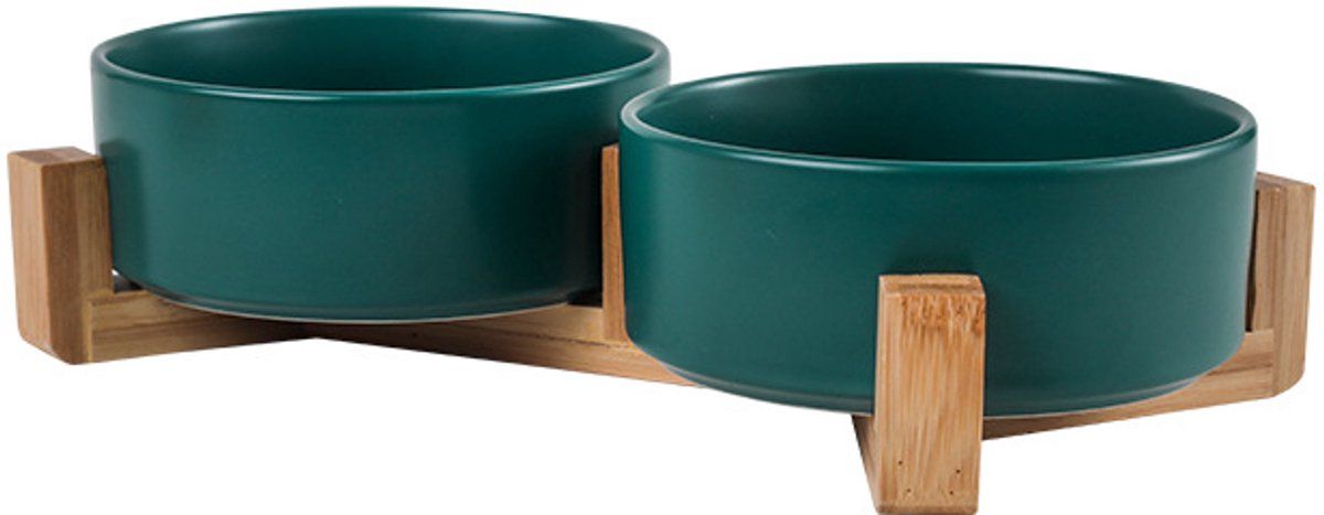 Ceramic Raised Pet Bowls for Dogs and Cats, Spill-Proof Double Food and Water Bowl with Bamboo Wooden Stand, Tilt-Proof for Indoor Use, Green, 11 cm Diameter