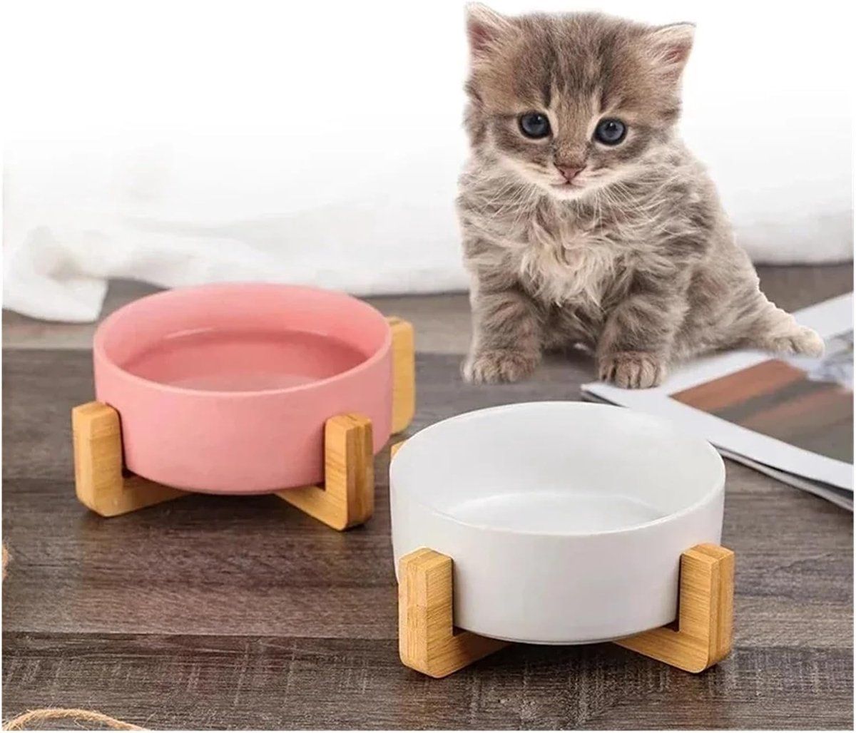 Ceramic Raised Pet Bowls for Dogs and Cats, Spill-Proof Double Food and Water Bowl with Bamboo Wooden Stand, Tilt-Proof for Indoor Use, Green, 11 cm Diameter