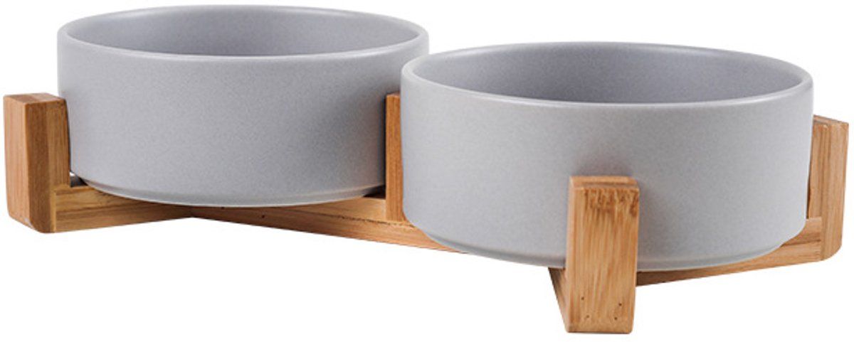 Double Ceramic Dog and Cat Bowls with Wooden Stand, No-Spill Elevated Food and Water Bowls for Small Pets, Indoor Use, Gray, 11 cm Diameter