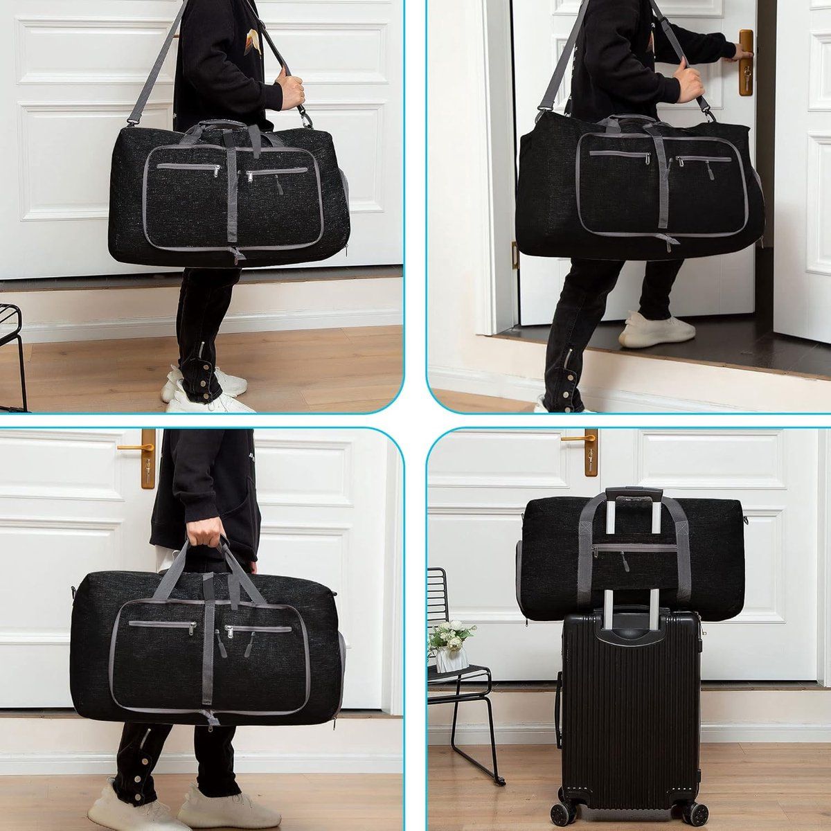 85L Foldable Travel Duffel Bag with Shoe Compartment, Waterproof Sports Gym Bag for Fitness Travel Business, Black