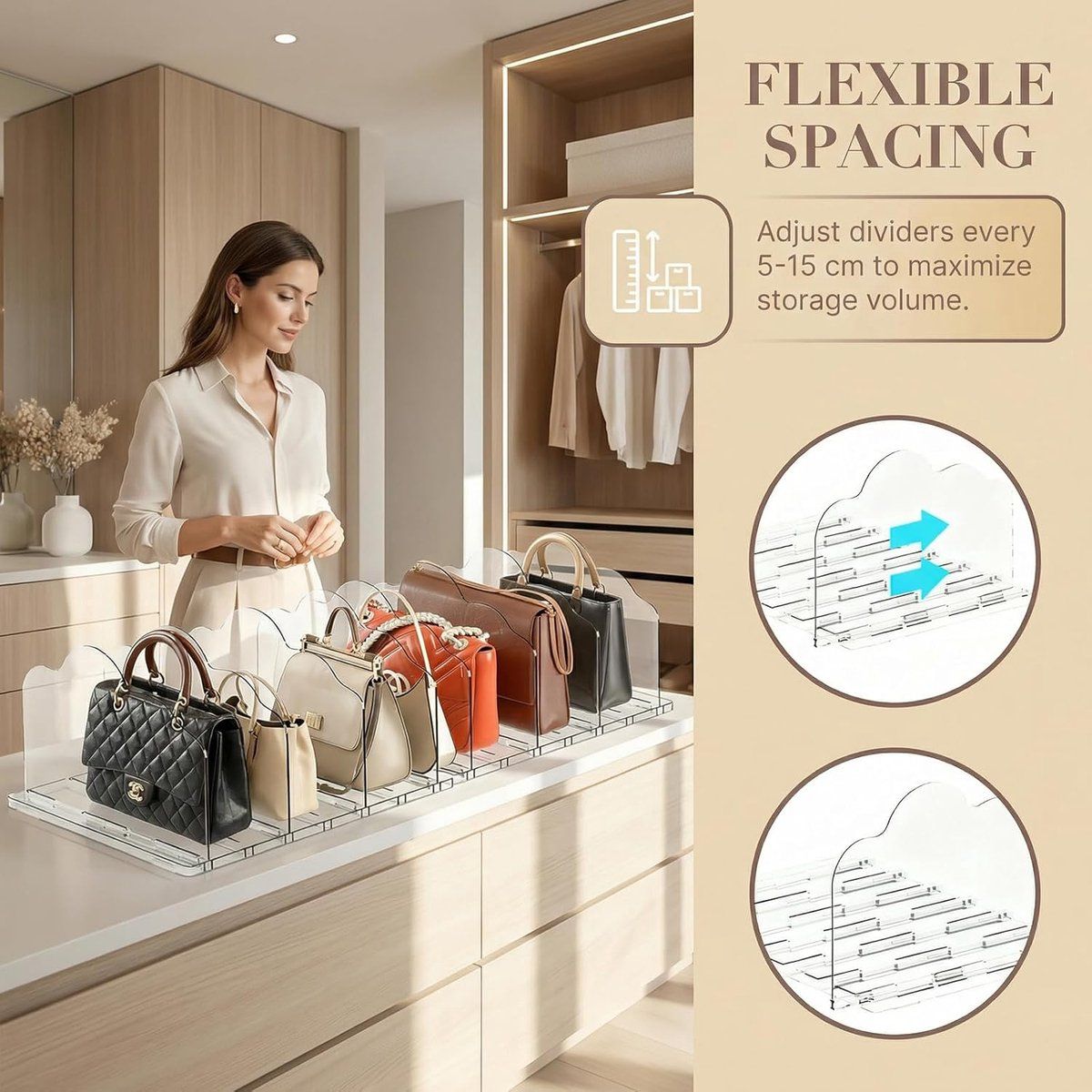 Adjustable Handbag Organizer with Removable Dividers, Clear Acrylic Purse Storage Rack for Closet Kitchen Bathroom, Transparent