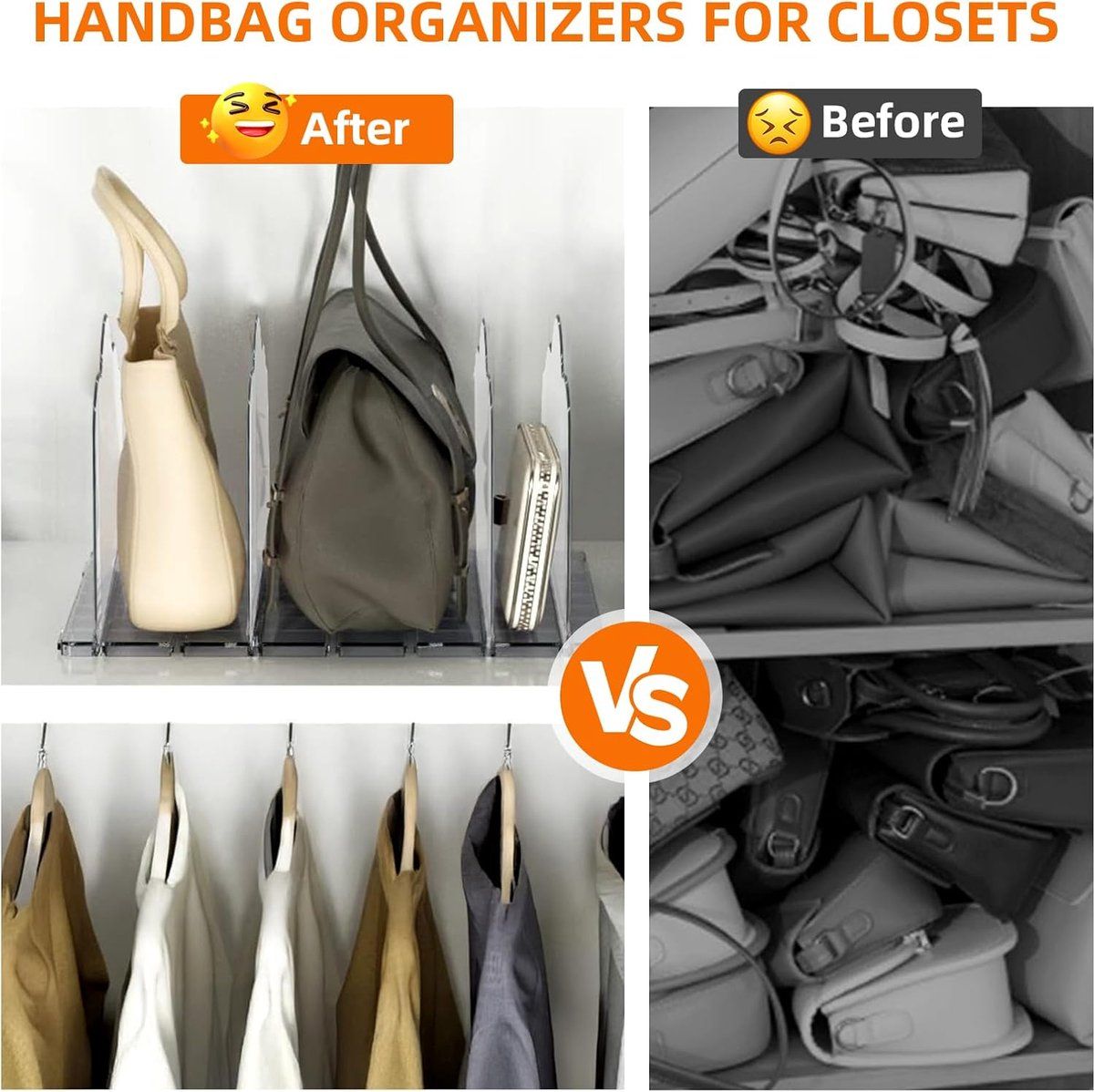 Adjustable Handbag Organizer with Removable Dividers, Clear Acrylic Purse Storage Rack for Closet Kitchen Bathroom, Transparent