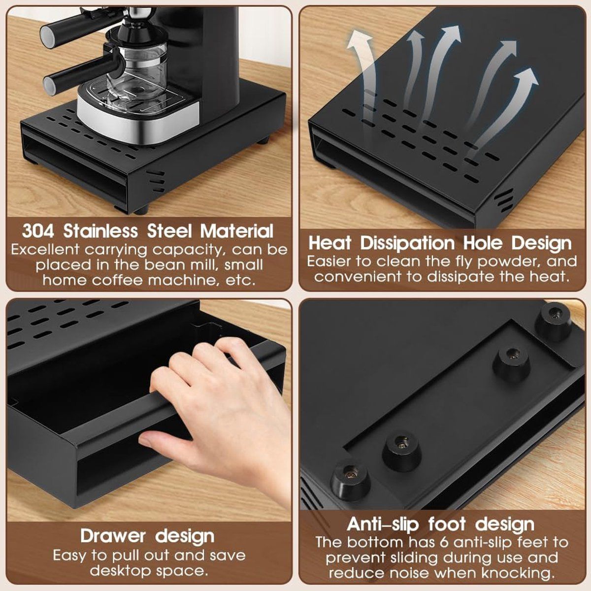 Espresso Knock Box with Drawer, Anti-Slip Carbon Steel Coffee Grounds Container for Espresso Machine and Barista, 28CM, Black