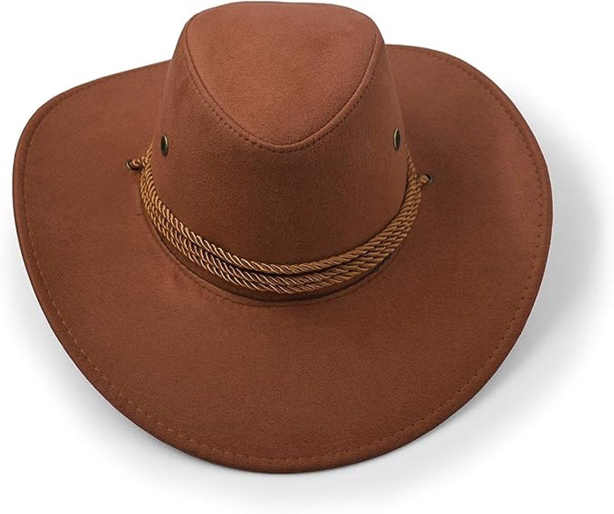 Unisex Cowboy Hat Suede Look Wide Brim Sun Hat Classic Western Style for Festivals Travel Outdoor, Light Brown