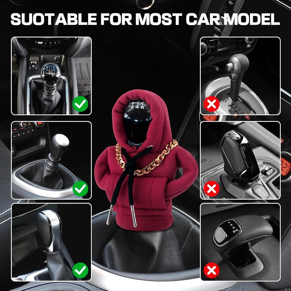 3 Styles Gear Shift Knob Hoodie Cover, Universal Car Shifter Decor with Chain, Auto Interior Accessory Compatible with Most Vehicles
