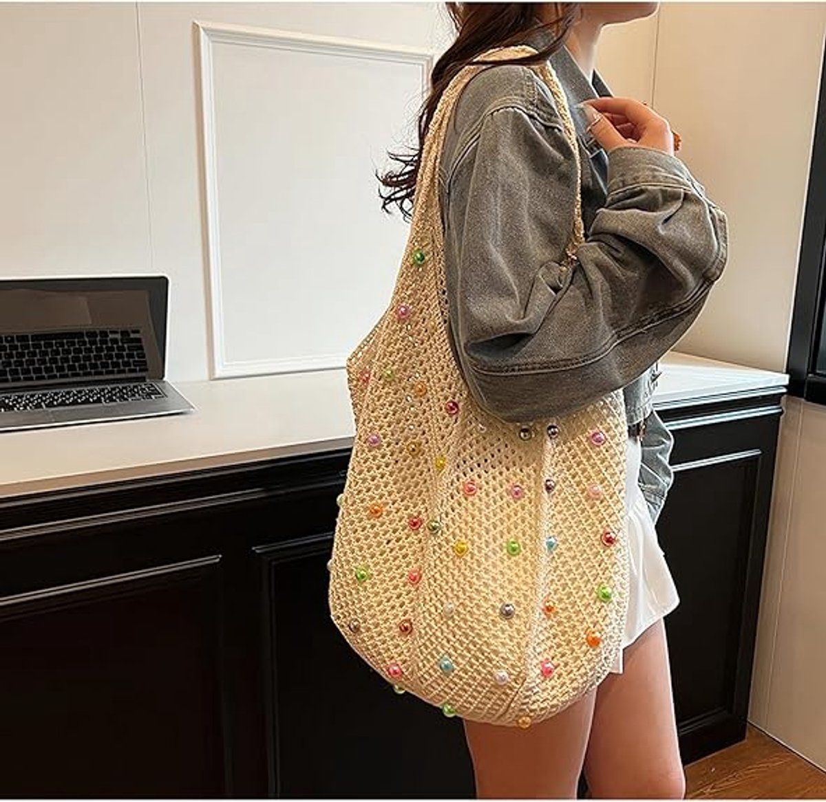 Crochet Beach Tote Bag for Women, Colorful Beaded Shoulder Handbag, Large Capacity Hippie Knitted Travel Bag for Vacation and Photos