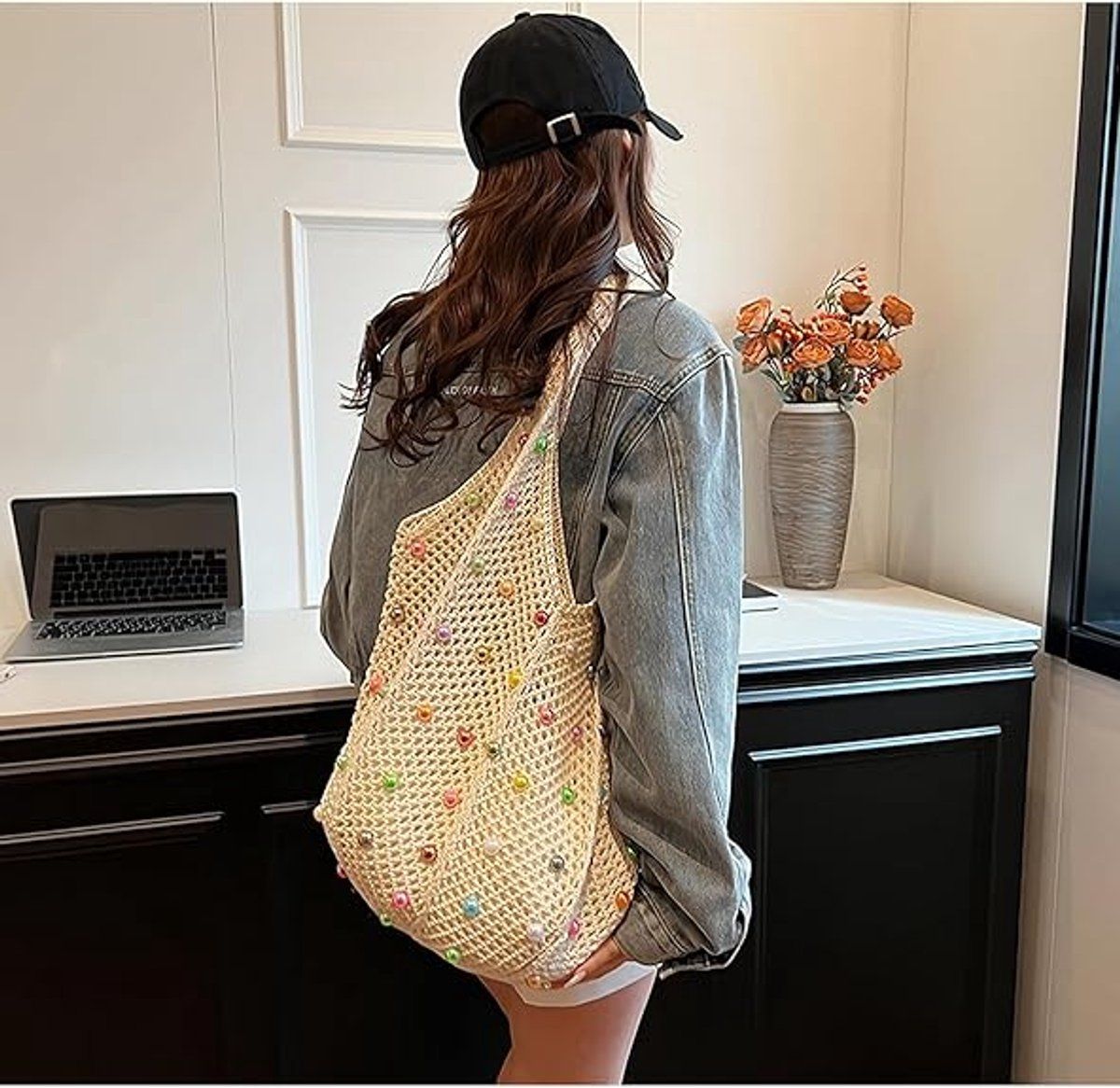Crochet Beach Tote Bag for Women, Colorful Beaded Shoulder Handbag, Large Capacity Hippie Knitted Travel Bag for Vacation and Photos
