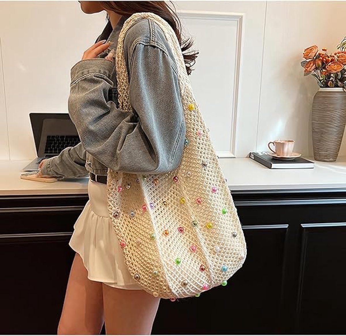 Crochet Beach Tote Bag for Women, Colorful Beaded Shoulder Handbag, Large Capacity Hippie Knitted Travel Bag for Vacation and Photos