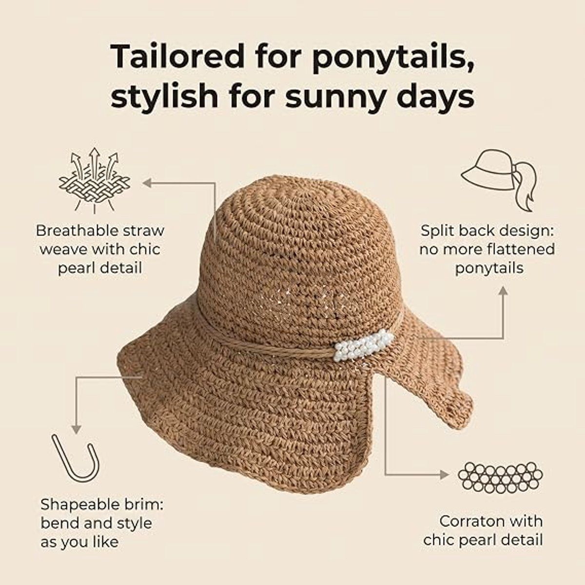 Women's Foldable Straw Sun Hat with Wide Brim, UV Protection Beach Hat for Summer Vacation Gardening