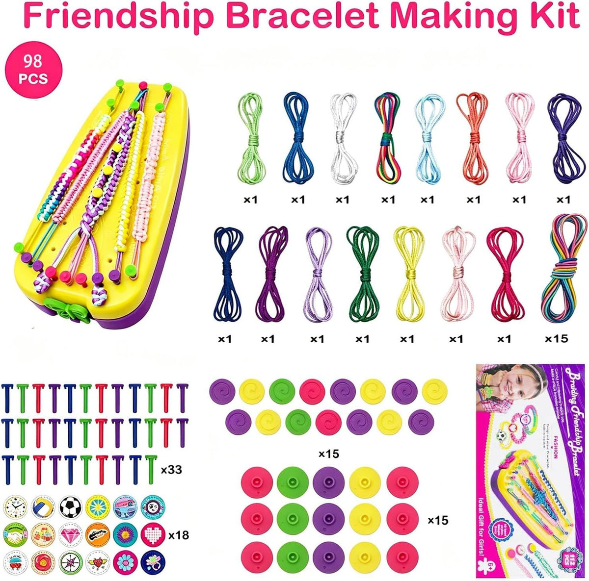 Friendship Bracelet Making Kit for Girls Ages 7 to 12, DIY Arts and Crafts String Maker Tool, Birthday Gift Travel Activity Set, Yellow