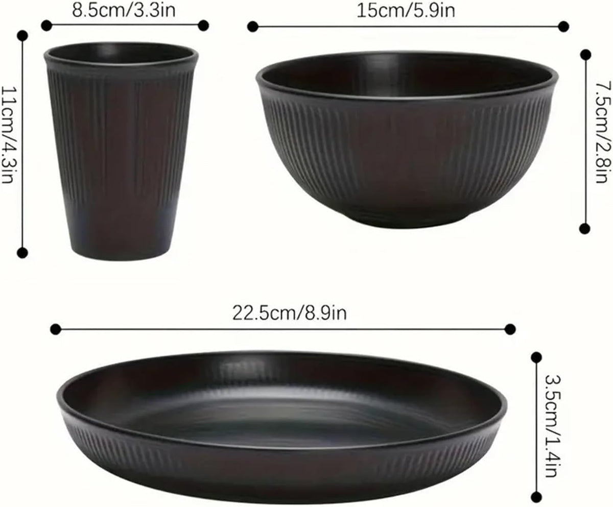 18 Pcs Camping Dinnerware Set, Plastic Plates Bowls and Cups for 6, Lightweight Microwave and Dishwasher Safe, for Party Picnic Home, Black