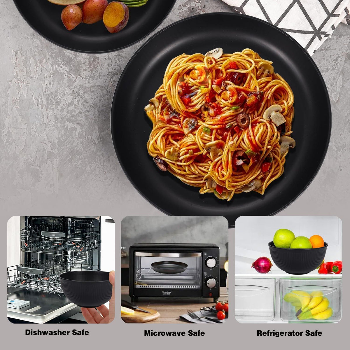 18 Pcs Camping Dinnerware Set, Plastic Plates Bowls and Cups for 6, Lightweight Microwave and Dishwasher Safe, for Party Picnic Home, Black