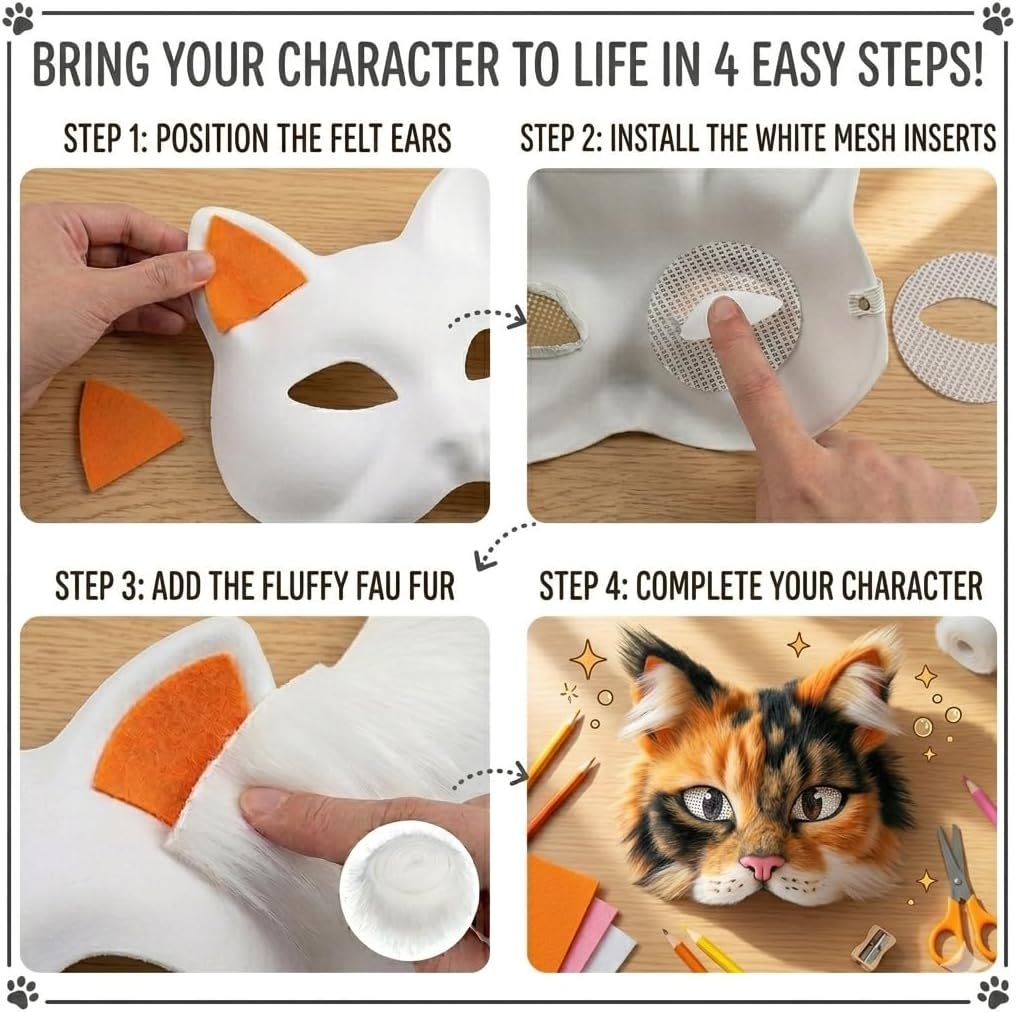 37 Pcs Therian Mask Kit, White Cat Masks DIY to Paint Furry Animal Mask for Halloween Masquerade Cosplay Party
