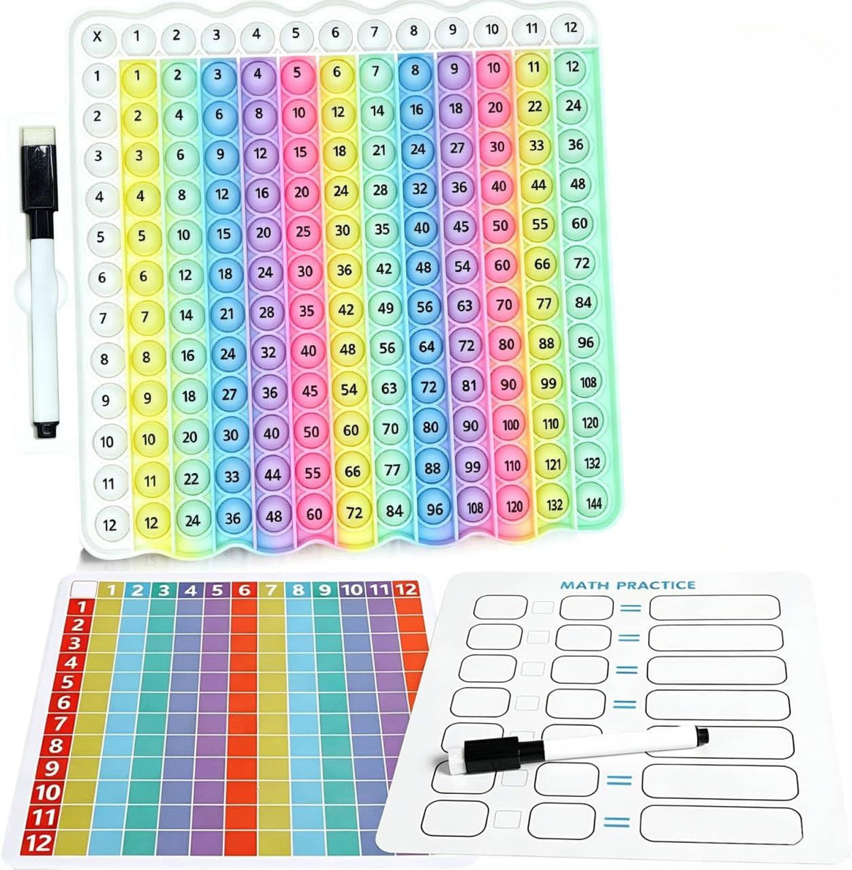 Multiplication Table Pop Fidget Toy, Educational Math Learning Board Game with Marker, Rainbow Colors Math Flash Cards for Kids, 12x12 Grid