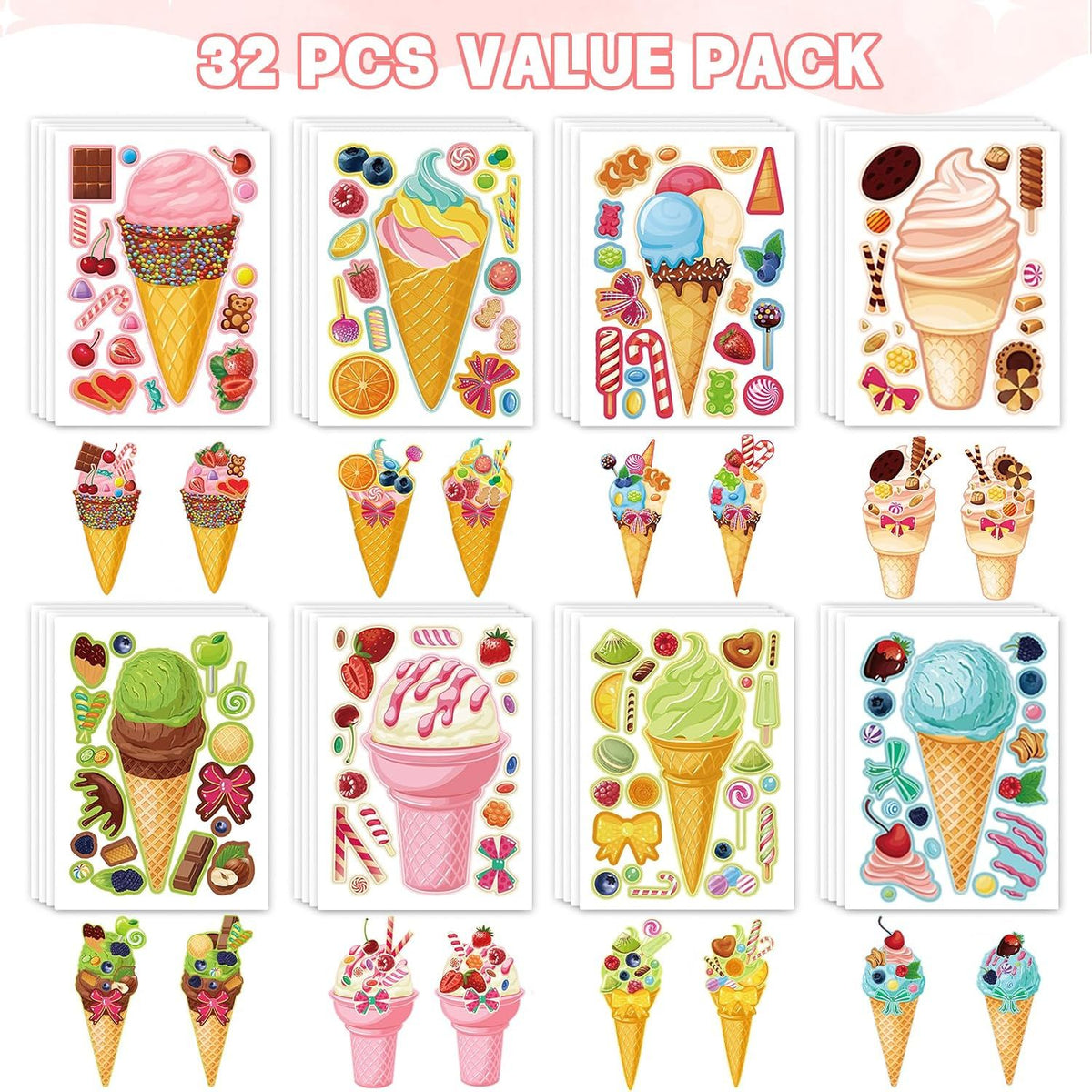 32 Sheets Ice Cream Stickers for Kids, Make a Face Stickers for Party Decorations, Party Favors Craft Supplies