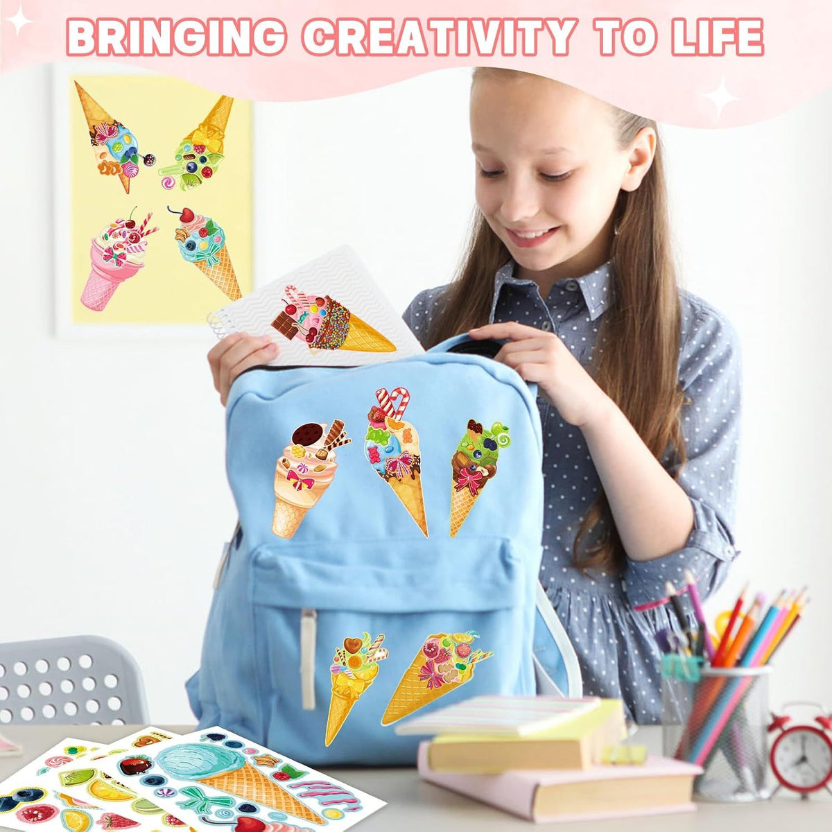 32 Sheets Ice Cream Stickers for Kids, Make a Face Stickers for Party Decorations, Party Favors Craft Supplies