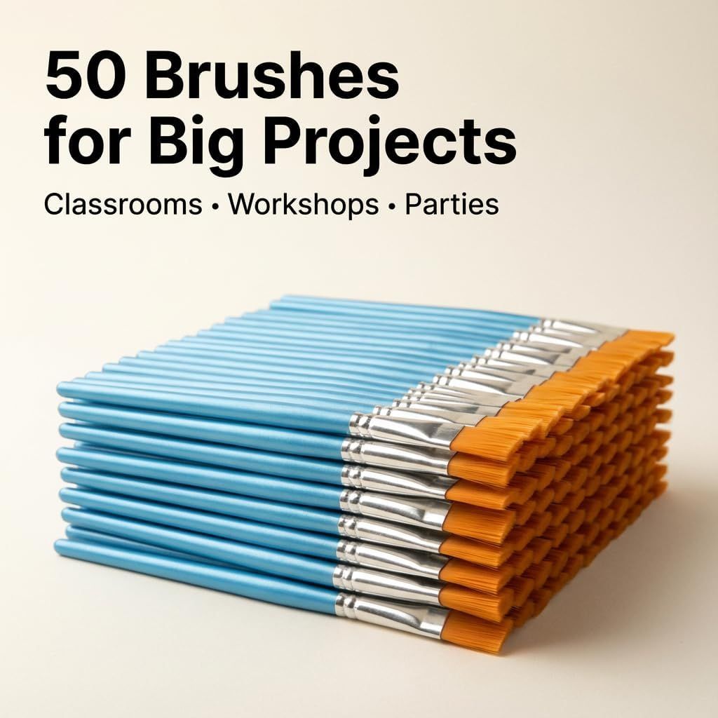 50 Pack 1 Inch Flat Paint Brushes Bulk for Acrylic Watercolor Tempera Crafts and Classroom Projects, Washable and Reusable, 1 Inch