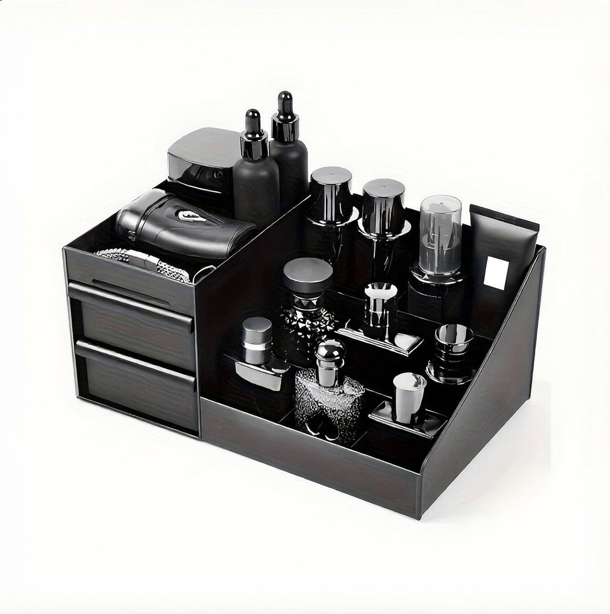 Black Cosmetic Organiser for Men with Drawers, Skincare Storage Box, Perfume Stand for Bedroom and Bathroom