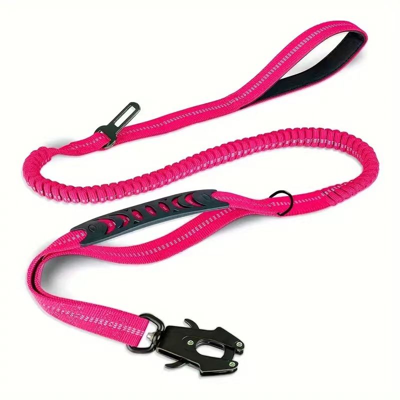 Tactical Heavy Duty Dog Leash with Frog Clip, Shock Absorbing Bungee Nylon Dog Lead, Dual Comfort Handles for Large Dogs Outdoor Walking, Pink