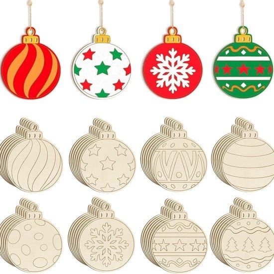 40Pcs DIY Wooden Christmas Ornaments, Unfinished Wood Baubles for Xmas Tree Party Decorations, Christmas Gift