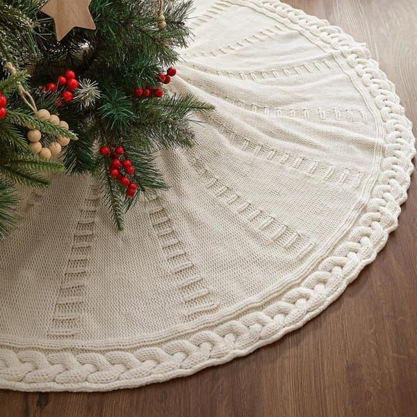 48 Inch Knitted Christmas Tree Skirt, Cable Knit Cream White Tree Skirt for 7.5ft Tree, Vintage Farmhouse Xmas Decoration