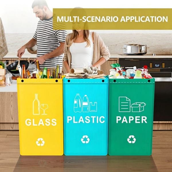 Collapsible Recycling Bags 40L, Waterproof Reusable Laminated Waste Sorting Bins with Carry Handles, Cyan Plastic & Dark Green Paper 2‑Pack for Home Indoor Kitchen Recycling