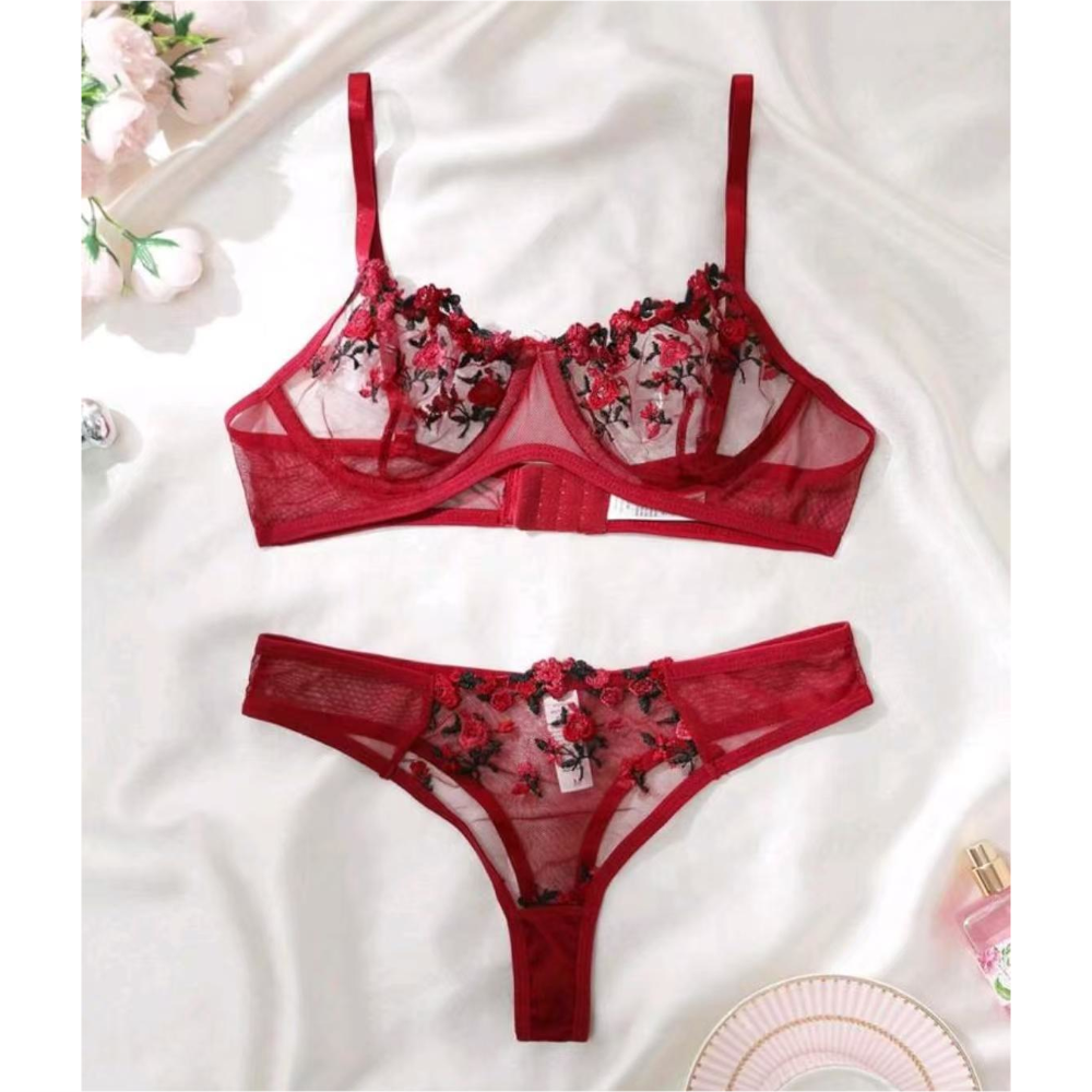 House Of Dasein Women's Intimates Sweet And Sexy Low Waist Floral Embroidery Mesh Transparent Lingerie Two-Piece Set - Wine Red - S