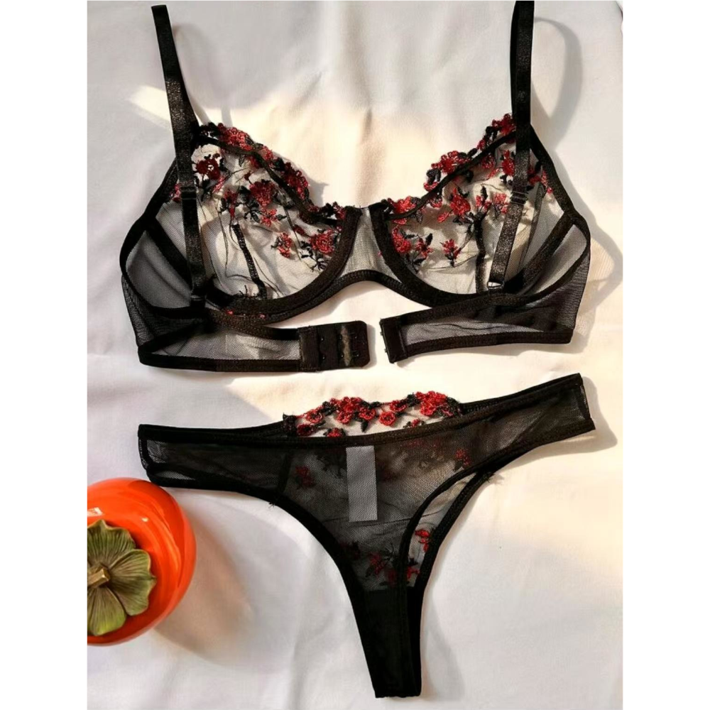 House Of Dasein Women's Intimates Sweet And Sexy Low Waist Floral Embroidery Mesh Transparent Lingerie Two-Piece Set - Black - M
