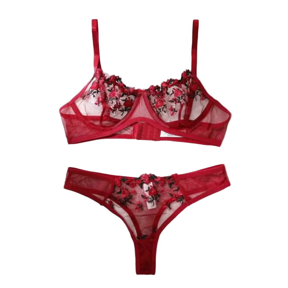 House Of Dasein Women's Intimates Sweet And Sexy Low Waist Floral Embroidery Mesh Transparent Lingerie Two-Piece Set - Wine Red - Xl